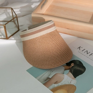 Brown woven straw open top sun hat with elastic striped band for summer outdoor use