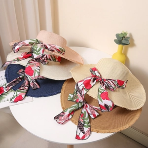 Women Wide Brim Straw Hat With Floral Ribbon Bow Summer Sun Protection Beach Vacation Hat Breathable Woven Sunshade Hat