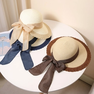 Women's Paper Straw Sun Hat Large Ribbon Bow Patchwork Scalloped Wavy Brim Foldable Beach Hat Elegant Vacation Bucket Hat