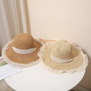 Women Summer Paper Straw Hat With White Lace Trim Breathable Wide Brim Sun Protection Beach Vacation Hat For Ladies Beach Sunhat