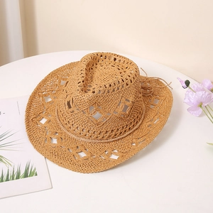 Chapeau de soleil en paille kaki tressé à la main avec motifs ajourés pour la plage