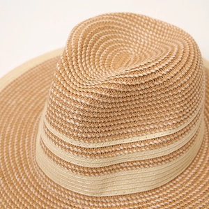Close-up of dual-tone paper straw weave and decorative band on wide brim sun hat