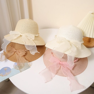 Chapeau de Soleil en Paille de Papier pour Femme Avec Nœud en Mousseline et Künstliche Perle Respirant Chapeau de Plage à Large Bord pour Vacances d'Été