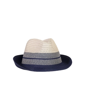 Mens two-tone straw fedora hat in beige and navy blue for stylish summer sun protection
