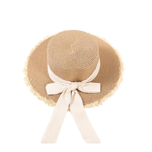 Flat top raffia boater hat with wide frayed edges and elegant cream ribbon bow accent