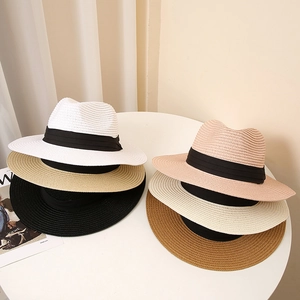 Classic sun straw fedora hats in six colors with black ribbon for men and women