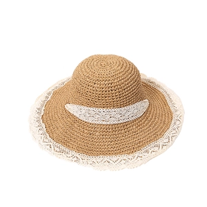 Classic woven straw sun hat with decorative white lace trim and hollow embroidery details