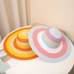 Rainbow striped straw sun hat for women with wide brim for beach and summer vacations