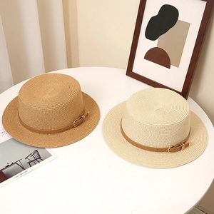 Women's minimalist flat-top boater straw hats with leather belts and golden buckles