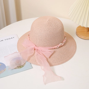 Chapeau de soleil rose pour filles avec nœud en tulle et chaîne de perles pour les vacances