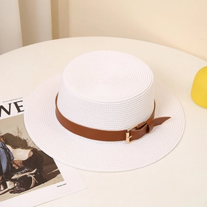British style white flat top boater hat with brown faux leather strap and metal buckle