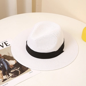 Summer sun protection white wide brim straw fedora hat with elegant black ribbon band