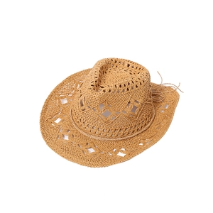 Chapeau de paille évidé pour femme style cowboy avec motif losange pour plage d'été