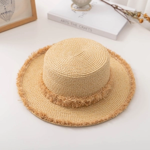Canotier en Paille Vintage de Style Français pour Femmes Large Bord à Franges Protection Solaire Vacances d'Été
