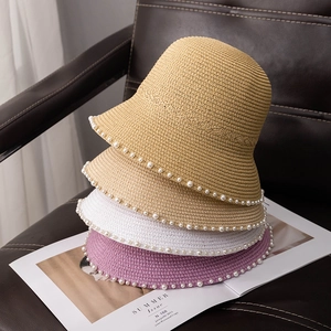 Women Summer Straw Bucket Hat With Faux Artificial Pearl Trim Round Top Breathable Sun Protection Beach Vacation Elegant Cloche Hat