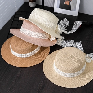 Women Summer Paper Straw Boater Hat With White Lace Ribbon Bow Wide Brim Sun Protection Breathable Beach Travel Straw Hat
