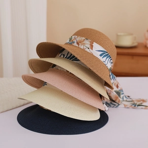 Women Wide Brim Straw Sun Hat Foldable Paper Woven Beach Hat With Floral Satin Ribbon Bow Summer Vacation Sunshade Cap