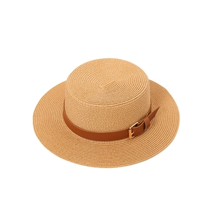 British style boater hat with flat top wide brim and brown leather belt decoration