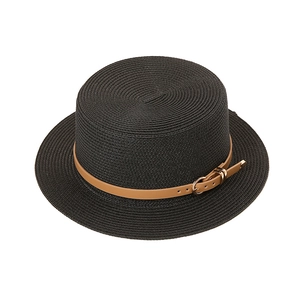 Elegant black boater straw hat with brown leather belt and gold buckle on white background