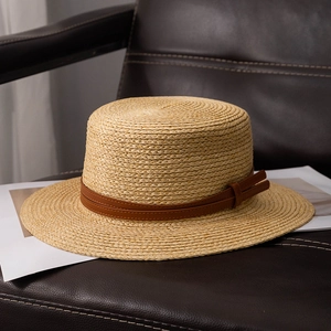 Women's summer flat top straw boater hat with dark brown leather decorative band