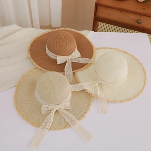 Women's Summer Wide Brim Paper Straw Hat With Lace Bow Decoration Fashion Raw Edge Sun Protection Beach Vacation Shade Hat
