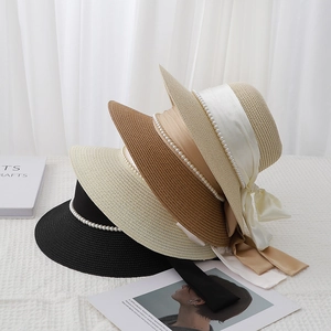 French Elegant Paper Straw Sun Hat With Large Satin Bow And Artificial Pearl Decoration Wide Brim Summer Beach Travel Breathable