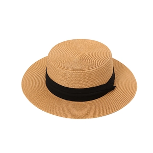 Minimalist summer straw boater hat with black ribbon decoration for sun protection