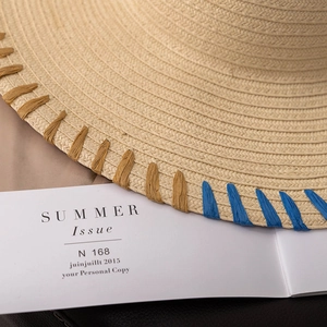 Close-up of straw sun hat brim with brown and blue woven trim on a summer magazine