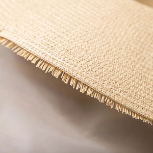 Gros plan sur la texture fine de paille tressée beige avec détails de bords effilés