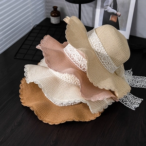 Women Summer Sun Protection Straw Hat Sweet Breathable Lace Bowknot Wide Scalloped Brim Sunshade Beach Bucket Hat For Lady Travel