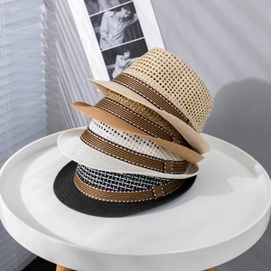 Breathable woven straw fedora hats in black beige and white for summer sun protection
