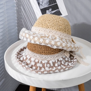 Women's straw hats with daisy floral lace and ribbon for summer beach vacation