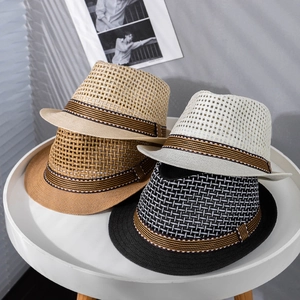 Vintage Paper Straw Fedora Hat For Men Women Summer Breathable Sun Protection Jazz Hat With Striped Ribbon Decoration