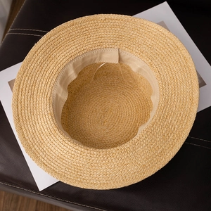 Japanese style flat top straw sun hat with adjustable inner strap for summer vacation