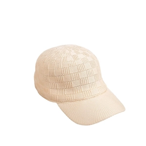 Beige checkered knit baseball cap with breathable weave texture and curved brim for sun protection