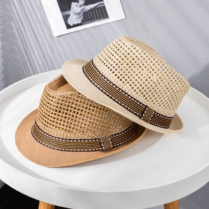 Breathable woven paper straw fedora hats in beige and khaki with striped ribbon trim