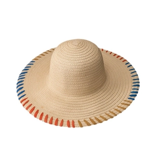 Khaki wide-brim straw sun hat with decorative rainbow hand-stitched embroidery edge