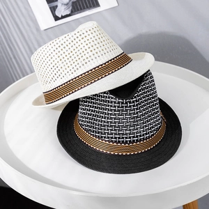Breathable woven paper straw Panama hats in black and white with striped bands