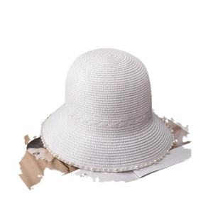 White woven straw sun hat for women featuring elegant pearl trim and wavy texture