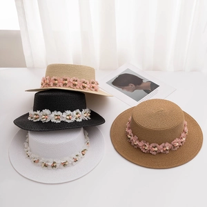 Women Summer Sweet Flower Boater Hat Paper Straw Flat Top Hat Small Brim Beach Sunshade Hat Breathable Travel Sun Visor Cap