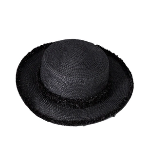 Classic black straw boater hat with stylish frayed edges for summer sun protection