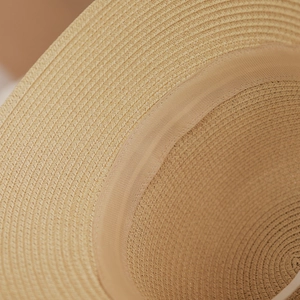 Macro shot of fine straw weaving textures and inner sweatband detail of the sun hat