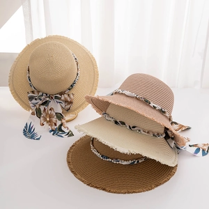 Women Straw Beach Hat Wide Brim Sun Hat With Floral Ribbon Bow And Faux Artificial Pearl Decoration Frayed Edge Summer Travel Bucket Hat