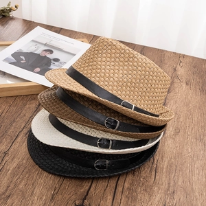 Sommer Atmungsaktiv Papierstroh Fedora Hut Für Herren Damen Vintage Jazz Sonnenhut Mit Ledergürtel Schnalle Strand Panama
