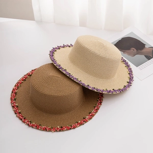 Women Summer Floral Embroidery Paper Straw Boater Hat Flat Top Short Brim Sun Protection Beach Vacation Outdoor Sun Hat