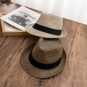 Retro summer straw fedora hats in cream and dark coffee with black decorative bands