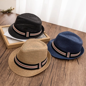 Chapeaux Panama en paille pour hommes en noir, kaki et bleu marine avec ruban rayé