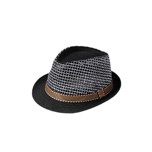 Men's breathable straw fedora hat with black and white woven texture and brown ribbon