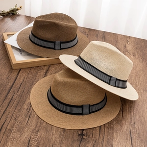 Summer Wide Brim Paper Straw Fedora Hat For Men Women Outdoor Sun Protection Breathable Woven Jazz Hat With Striped Band