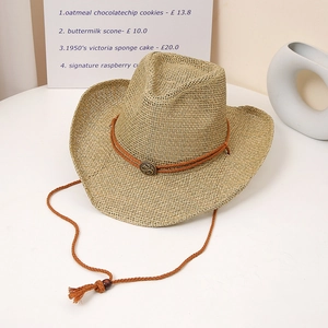 Handmade Salty Grass Western Cowboy Hat Sun Protection Wide Brim Fedora Straw Hat With Adjustable Wind Rope Beach Sun Hat